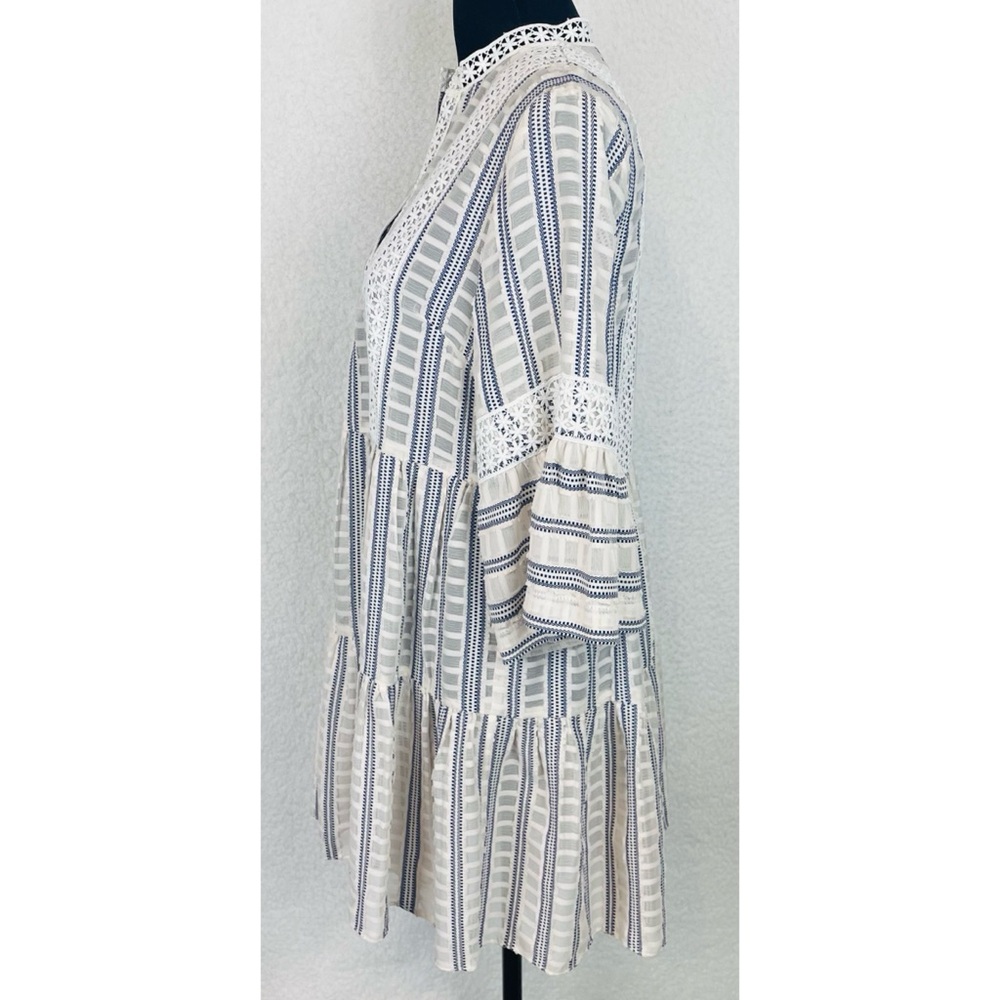 SANDRO • Ecru/White/Navy Stephanie Stripe Boho Lace-Trim Tiered Mini Dress, S - Picture 12 of 16